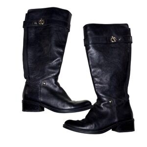 Tommy Hilfiger Black Leather Riding Boots Women 6.5 M Gold Hardware Knee High